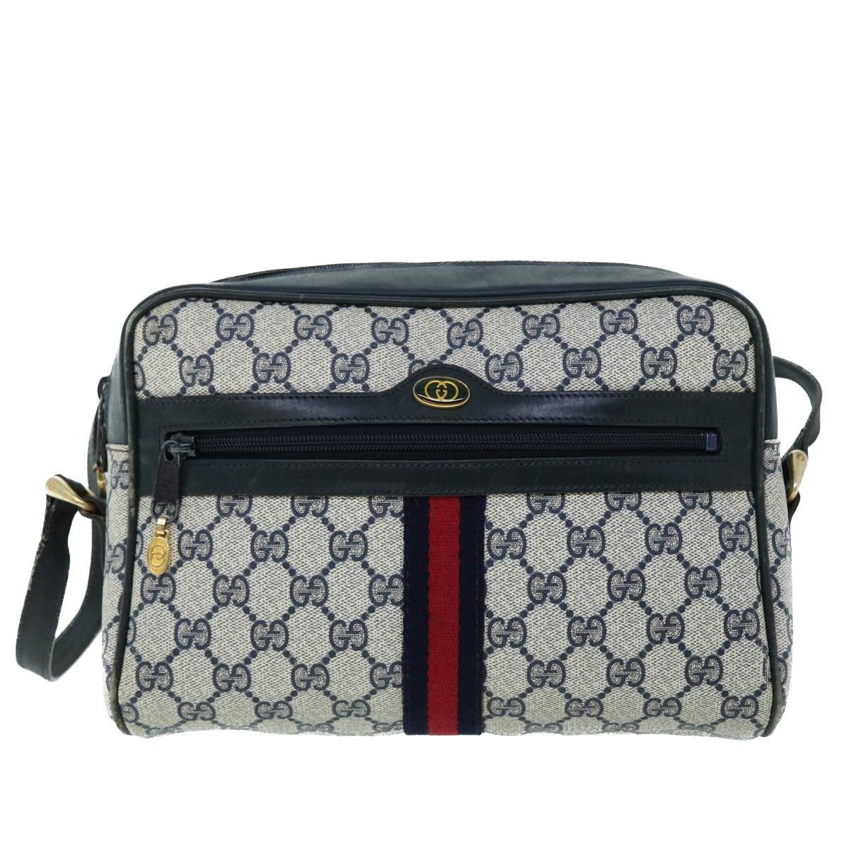 GUCCI GG Canvas Sherry Line Shoulder Bag Gray Red Navy 010 378 Auth 53344