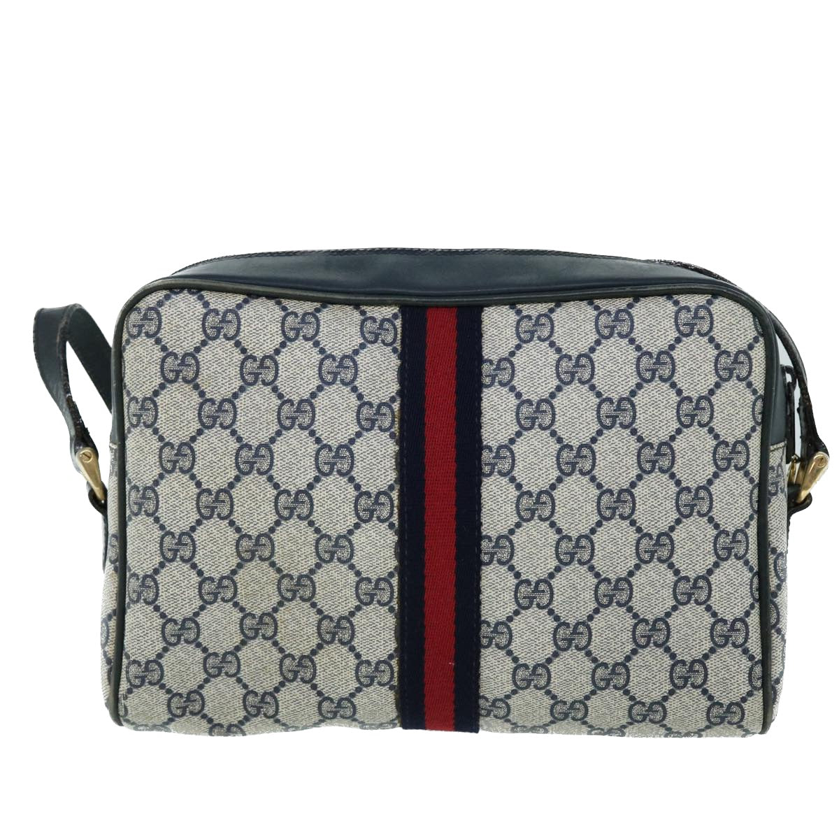 GUCCI GG Canvas Sherry Line Shoulder Bag Gray Red Navy 010 378 Auth 53344