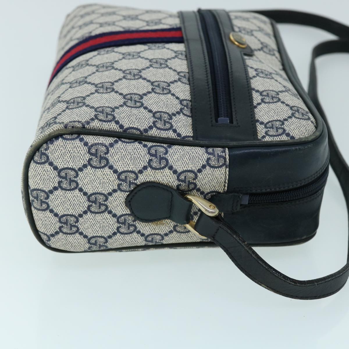 GUCCI GG Canvas Sherry Line Shoulder Bag Gray Red Navy 010 378 Auth 53344