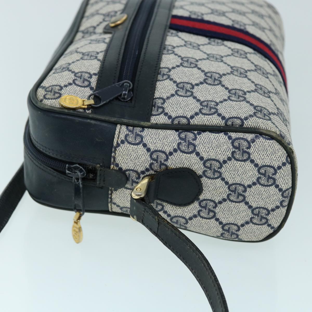 GUCCI GG Canvas Sherry Line Shoulder Bag Gray Red Navy 010 378 Auth 53344