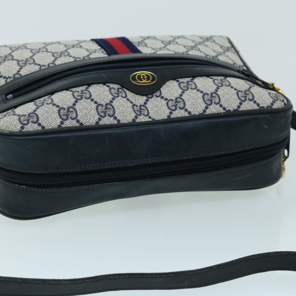 GUCCI GG Canvas Sherry Line Shoulder Bag Gray Red Navy 010 378 Auth 53344