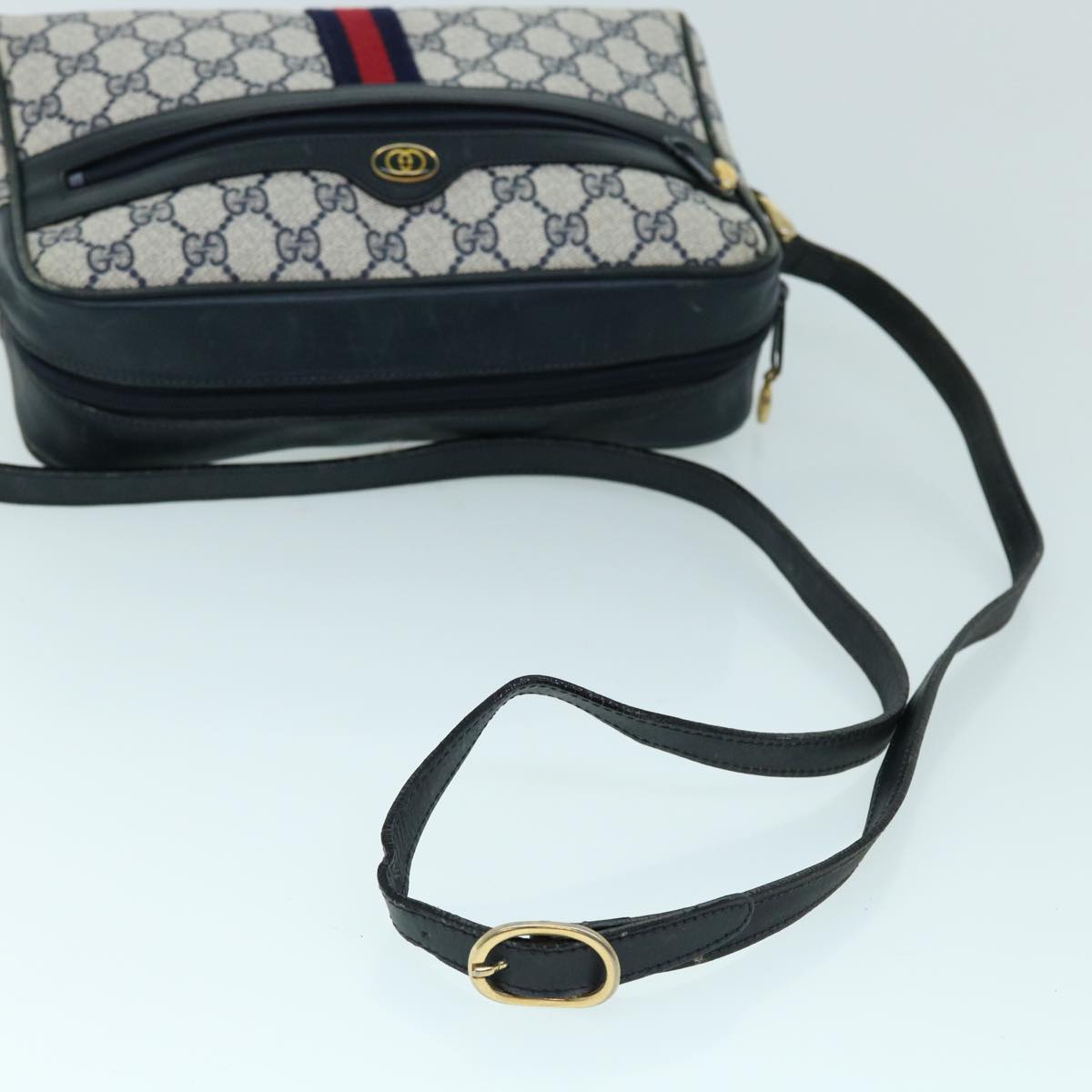 GUCCI GG Canvas Sherry Line Shoulder Bag Gray Red Navy 010 378 Auth 53344