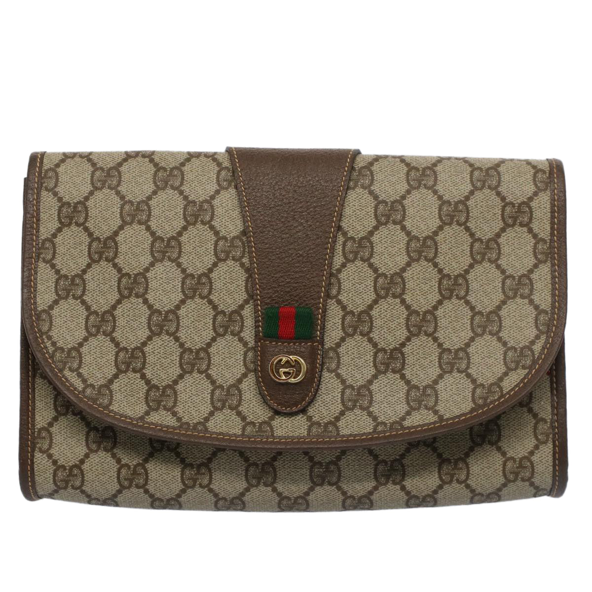 GUCCI GG Canvas Web Sherry Line Clutch Bag Beige Red Green 014 122 Auth 53385 - 0