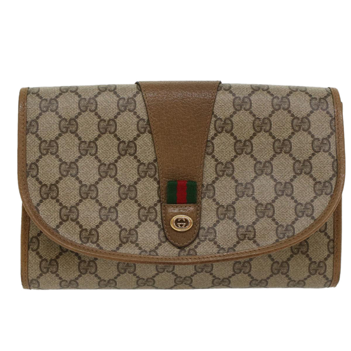 GUCCI GG Canvas Web Sherry Line Clutch Bag PVC Leather Beige Green Auth 53642 - 0