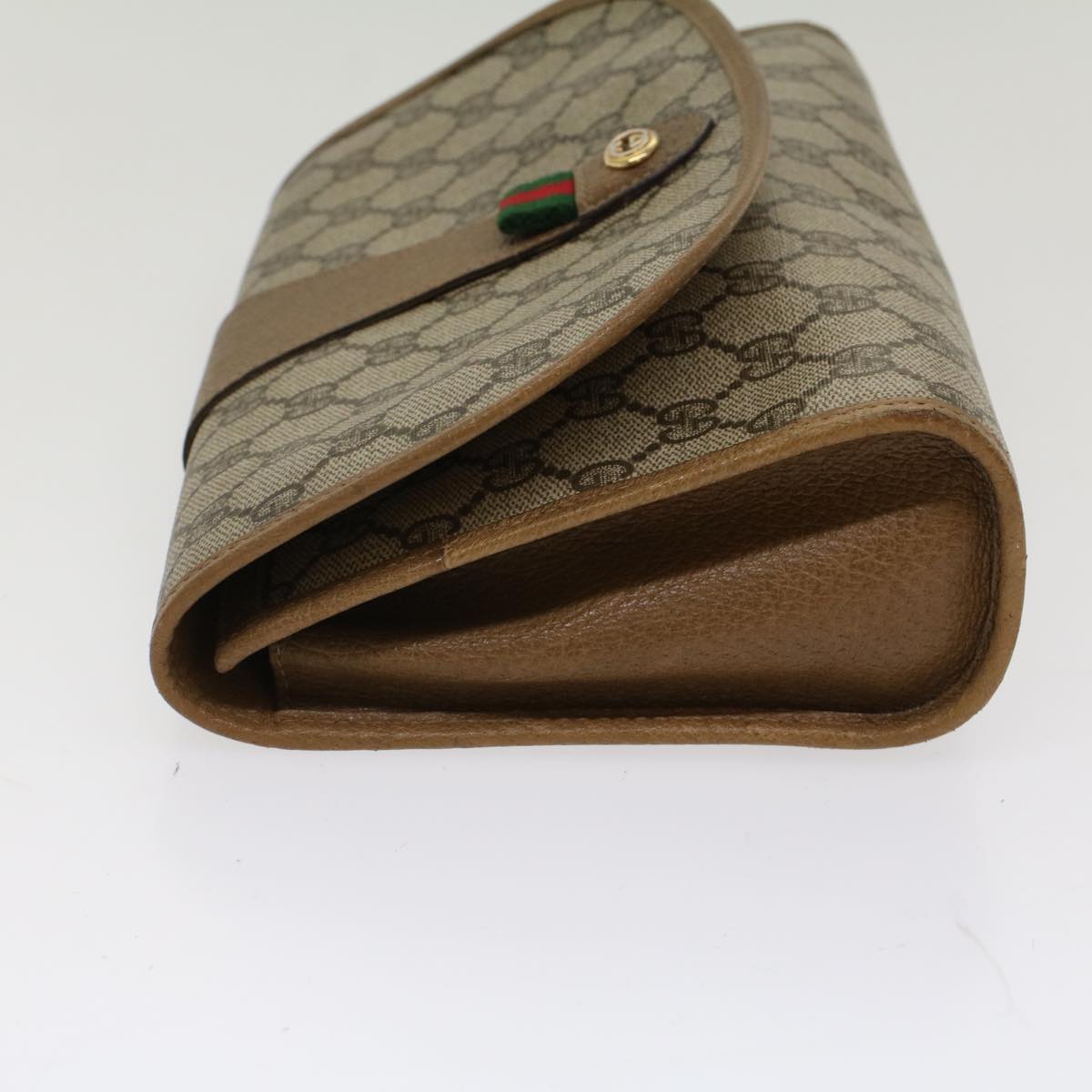 GUCCI GG Canvas Web Sherry Line Clutch Bag PVC Leather Beige Green Auth 53642