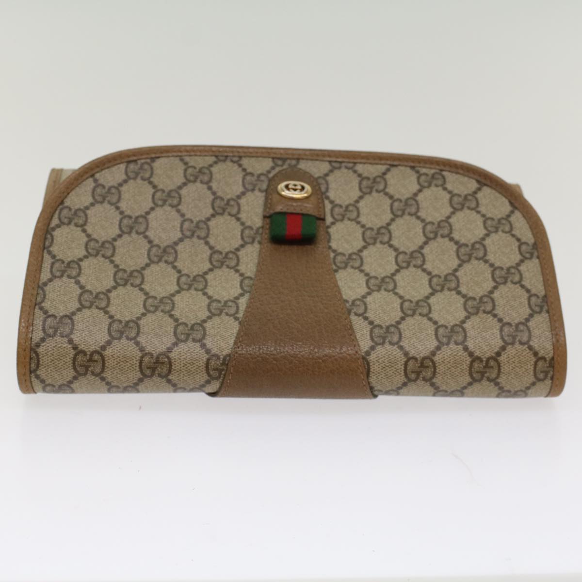 GUCCI GG Canvas Web Sherry Line Clutch Bag PVC Leather Beige Green Auth 53642