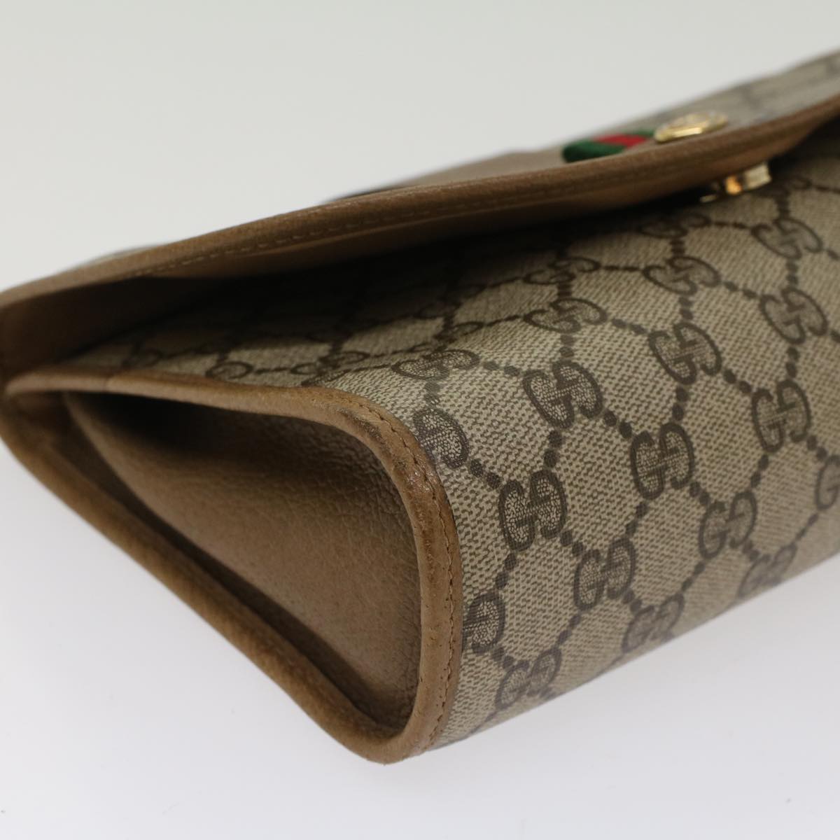 GUCCI GG Canvas Web Sherry Line Clutch Bag PVC Leather Beige Green Auth 53642