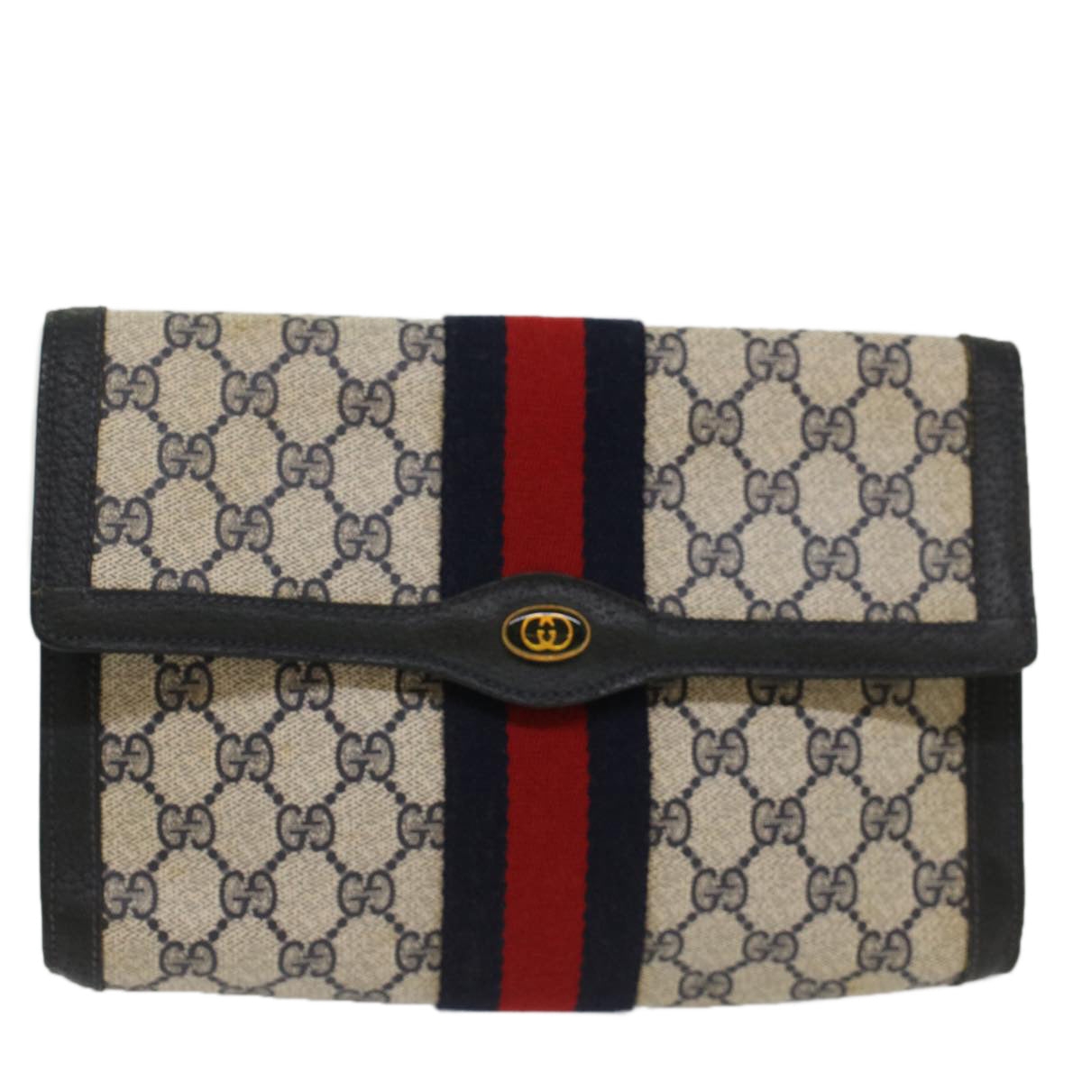 GUCCI GG Canvas Sherry Line Clutch Bag PVC Leather Navy Red Auth 53647