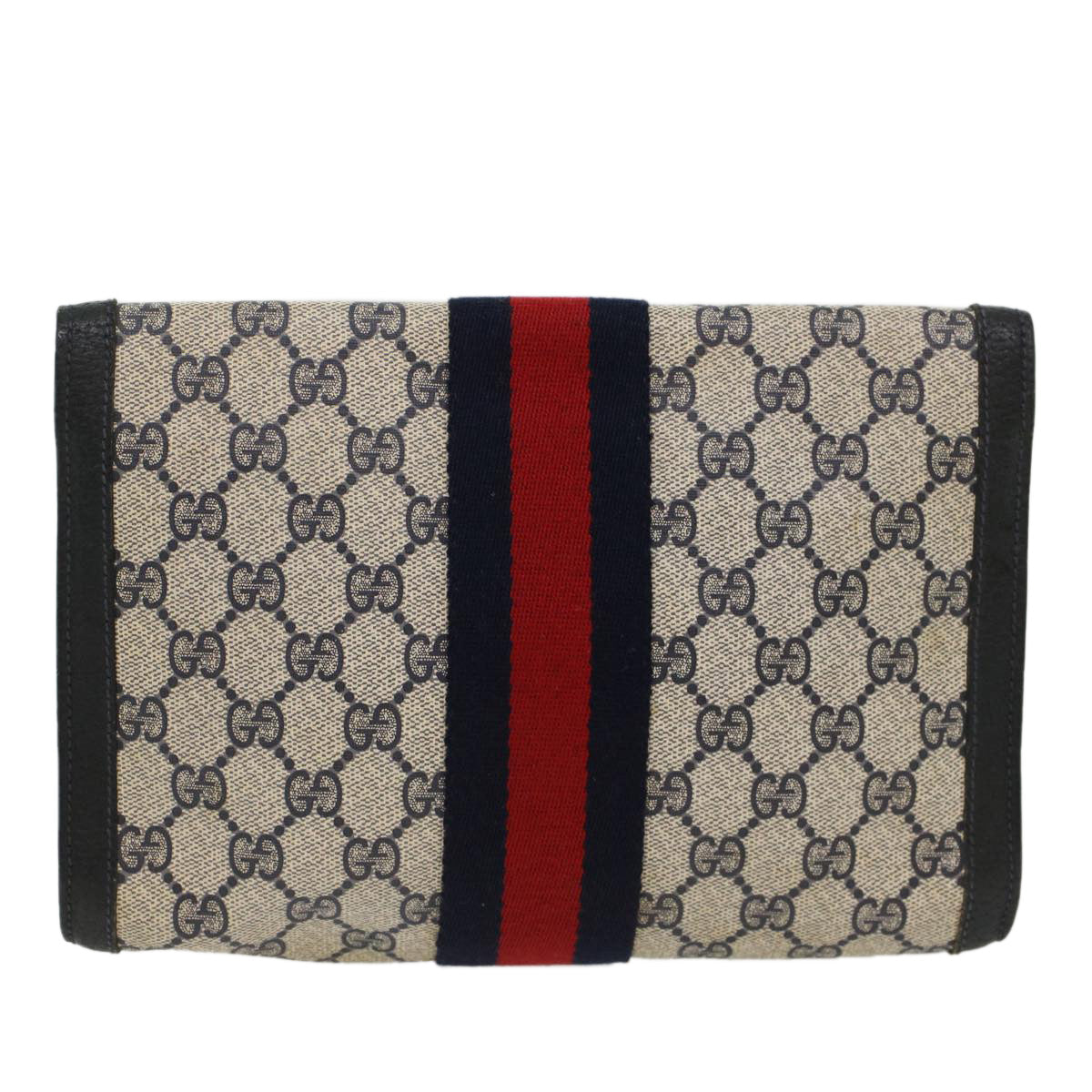 GUCCI GG Canvas Sherry Line Clutch Bag PVC Leather Navy Red Auth 53647