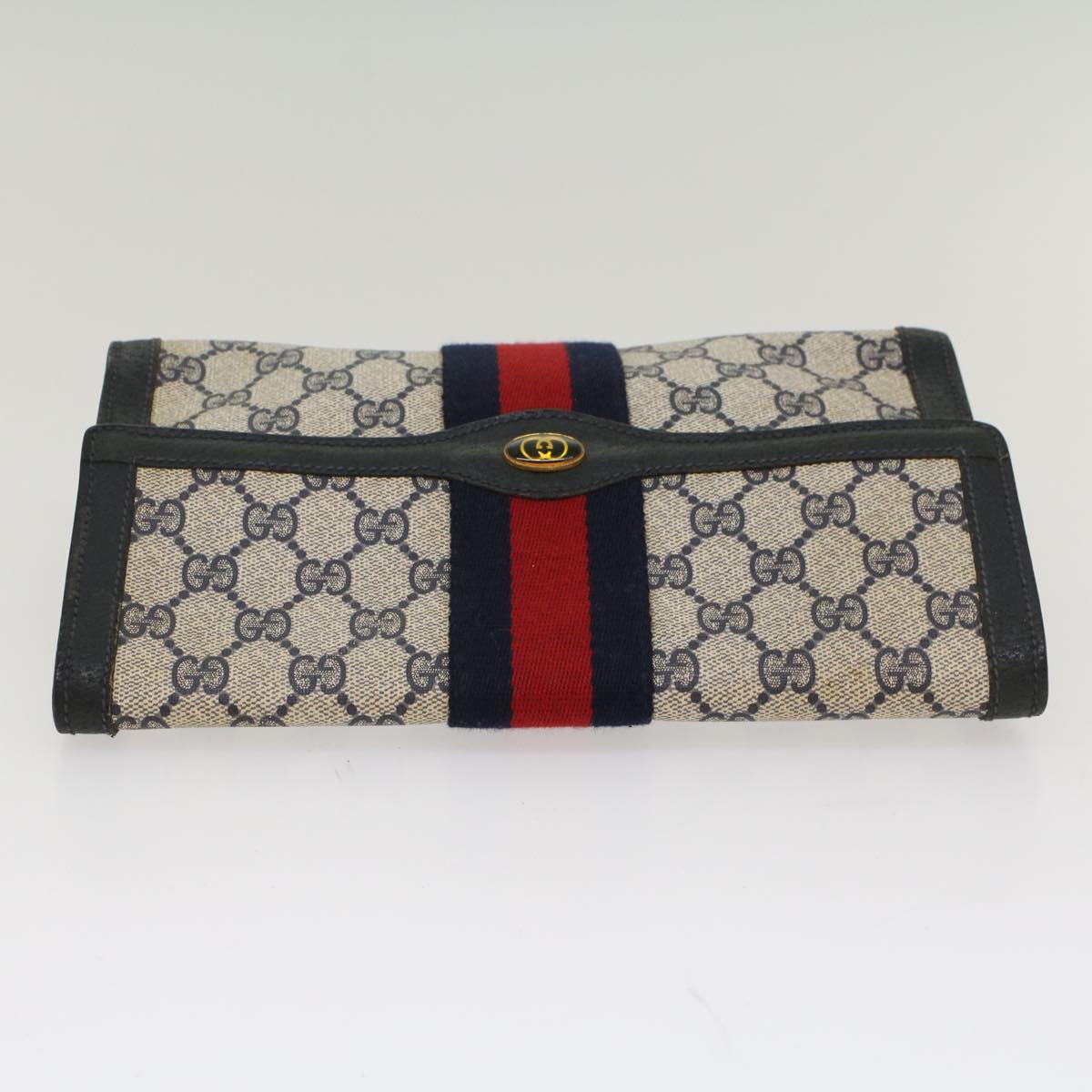 GUCCI GG Canvas Sherry Line Clutch Bag PVC Leather Navy Red Auth 53647