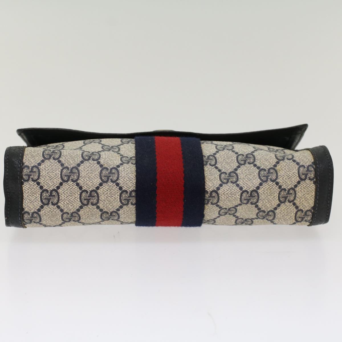 GUCCI GG Canvas Sherry Line Clutch Bag PVC Leather Navy Red Auth 53647