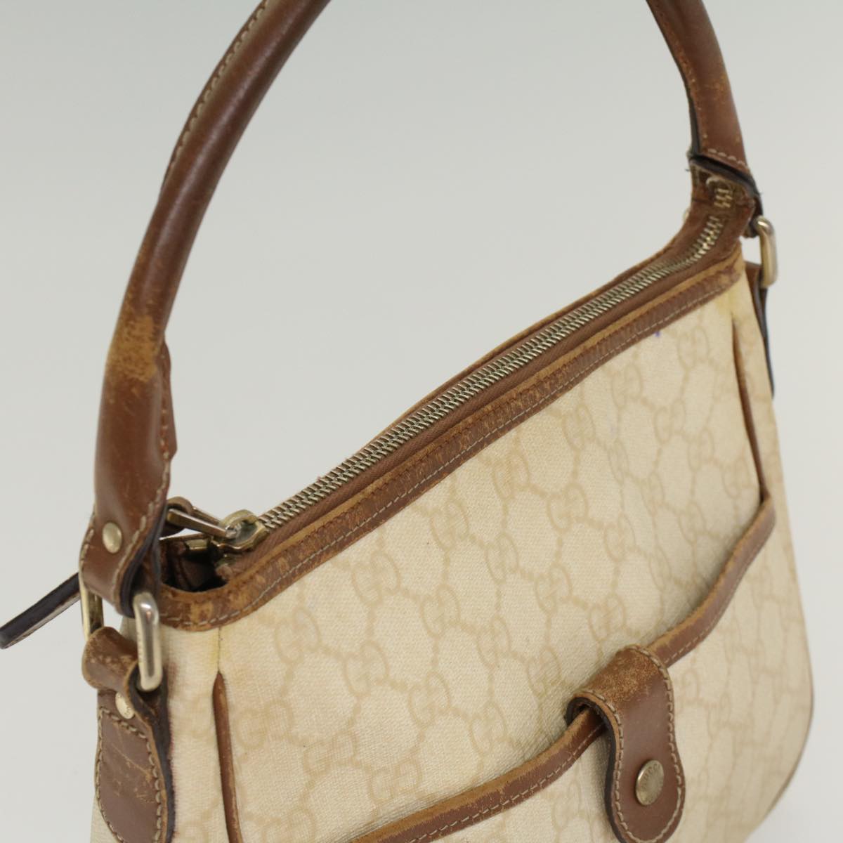 GUCCI GG Canvas Shoulder Bag PVC Leather White Brown Auth 53649