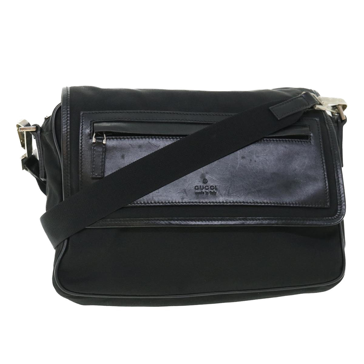 GUCCI Shoulder Bag Nylon Leather Black Auth 53651