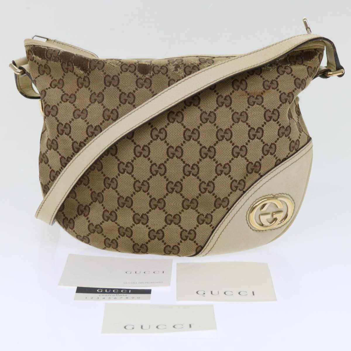 GUCCI GG Canvas Shoulder Bag Beige White Auth 53663