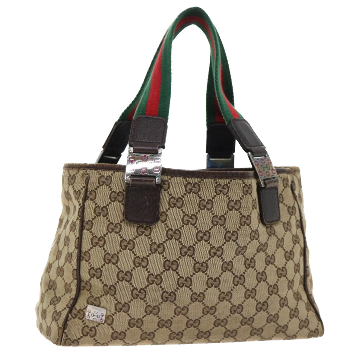 GUCCI GG Canvas Web Sherry Line Hand Bag Canvas Leather Beige Green Auth 53681