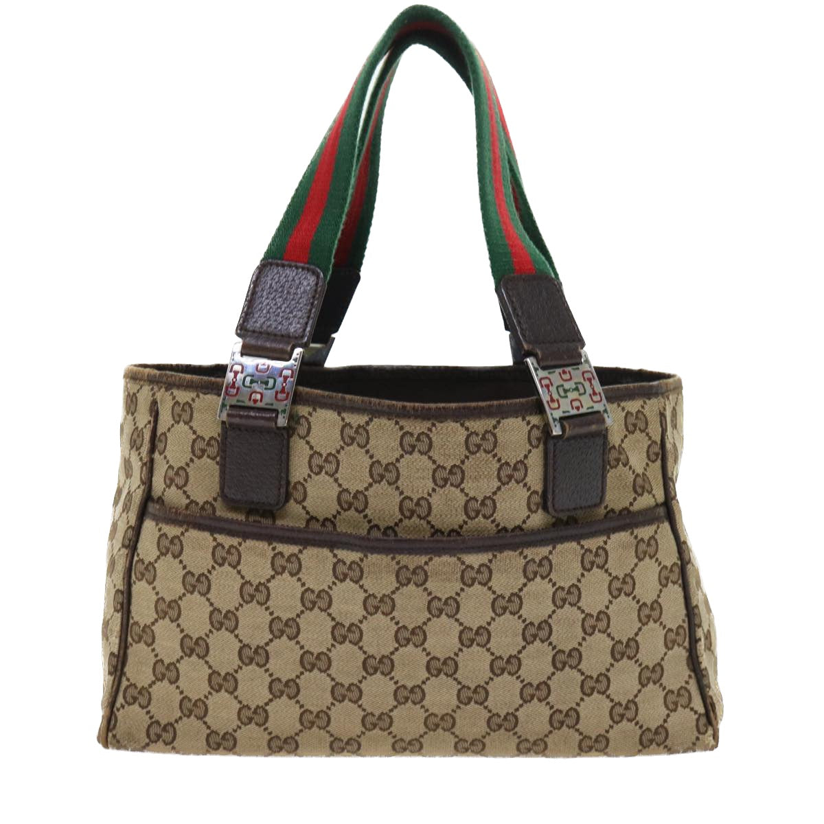 GUCCI GG Canvas Web Sherry Line Hand Bag Canvas Leather Beige Green Auth 53681 - 0