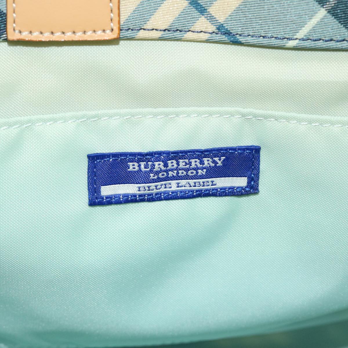 BURBERRY Nova Check Blue Label Hand Bag Nylon Leather Light Blue Auth 53721