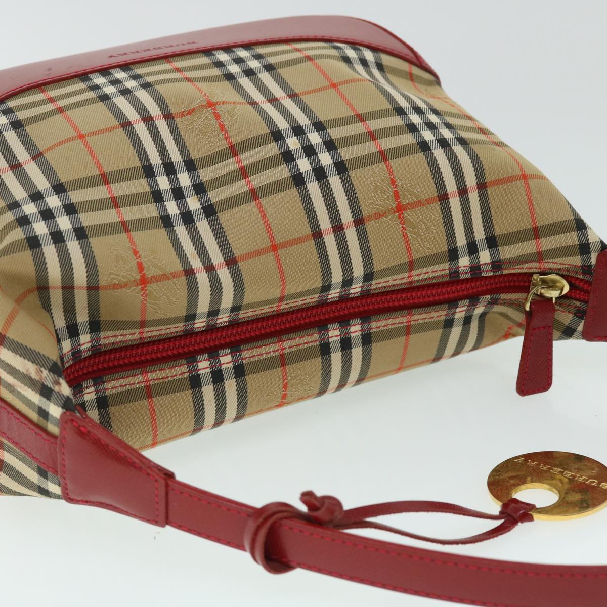 BURBERRY Nova Check Shoulder Bag Canvas Beige Red Auth 53724