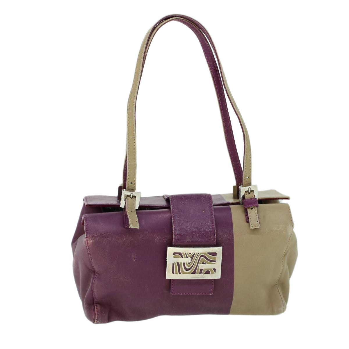FENDI Mamma Baguette Hand Bag Leather Beige Purple Auth 53742