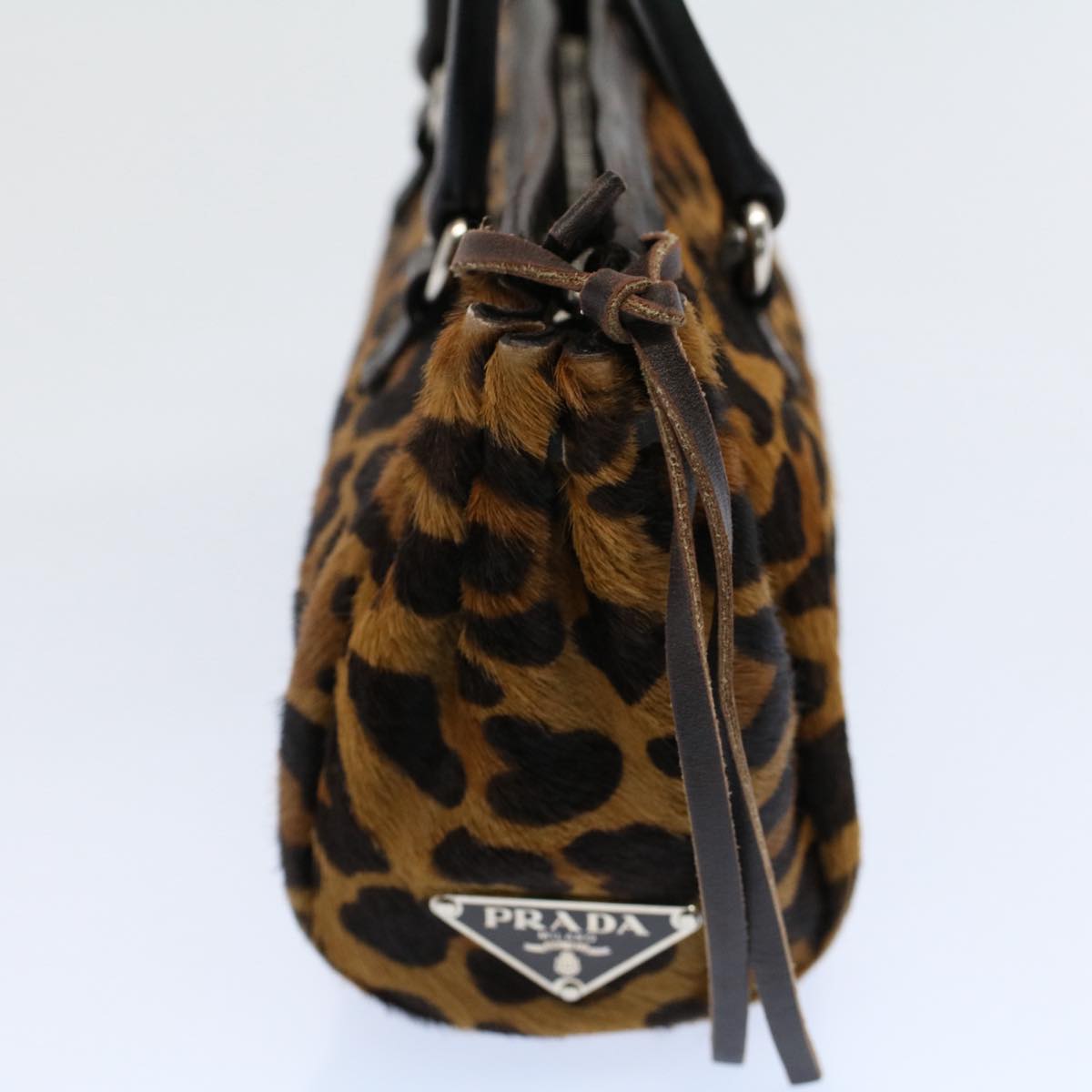 PRADA Leopard Hand Bag Harako leather Brown Auth 53748