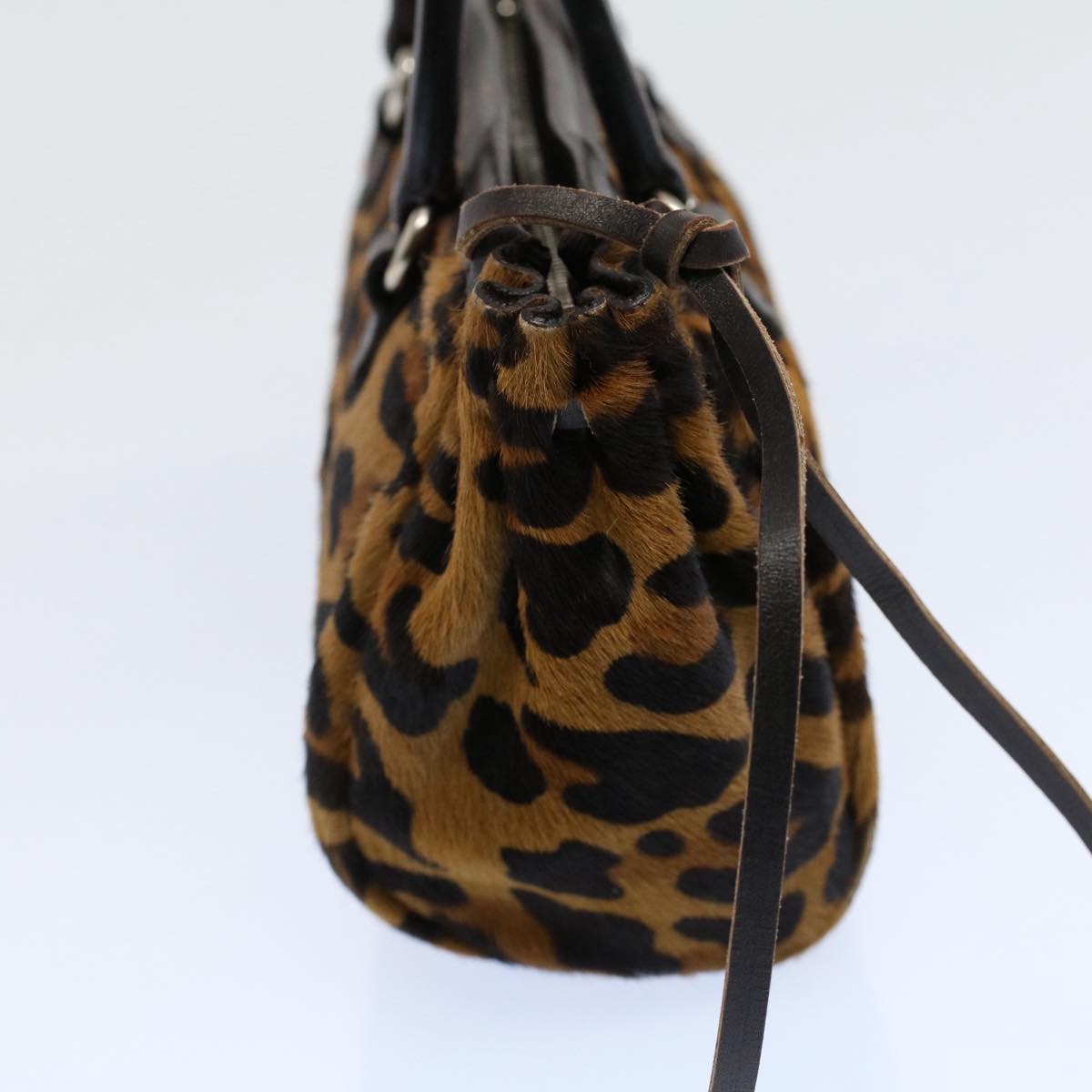 PRADA Leopard Hand Bag Harako leather Brown Auth 53748