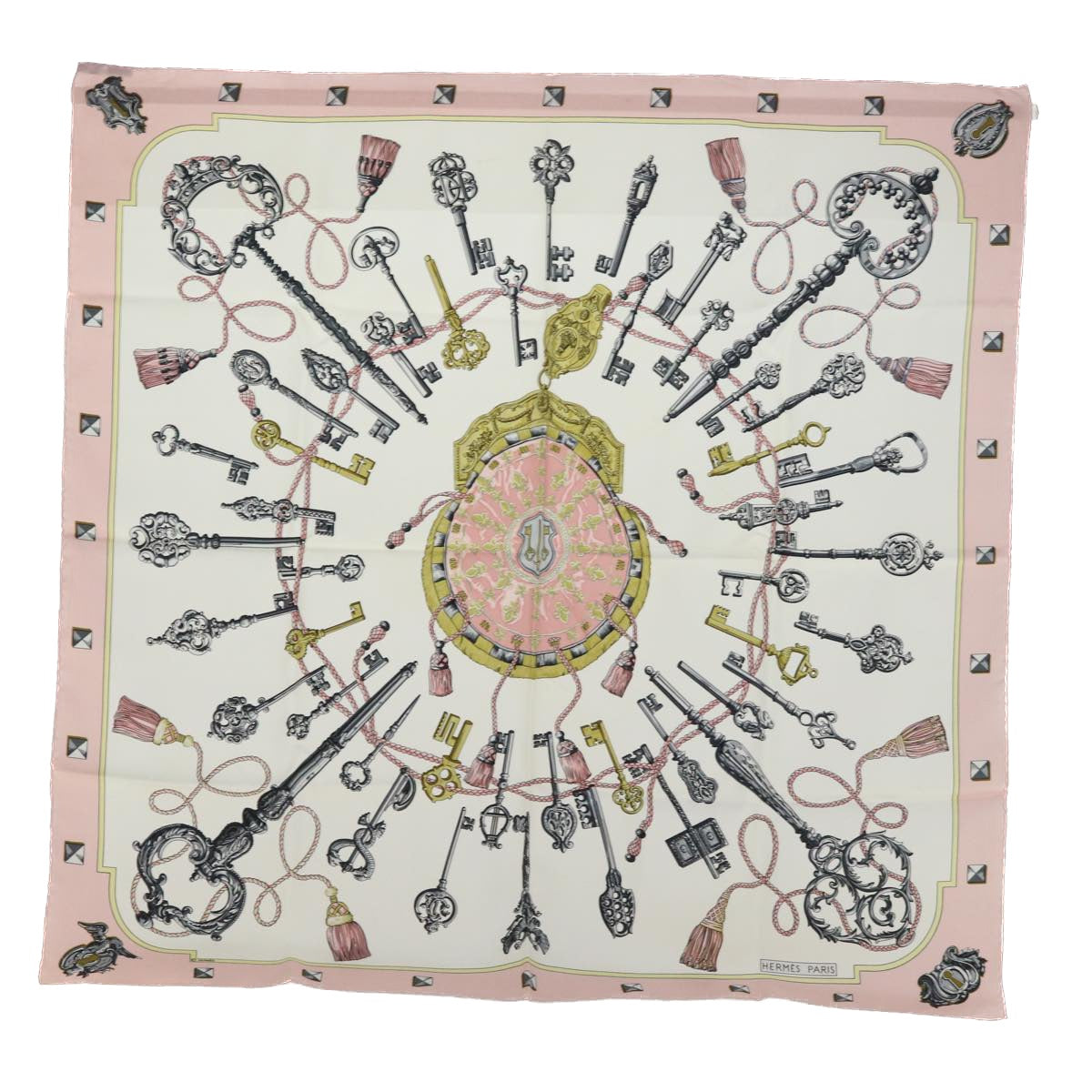 HERMES Carre 90 LES CLES Scarf Silk Pink White Auth 53760