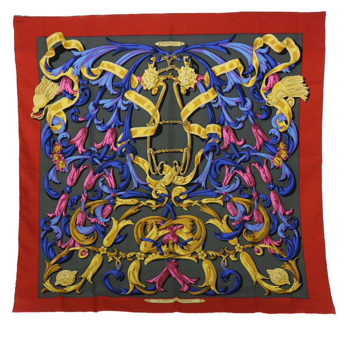HERMES Carre 90 LE MORS CONETABLE Scarf Silk Red Gray Auth 53768