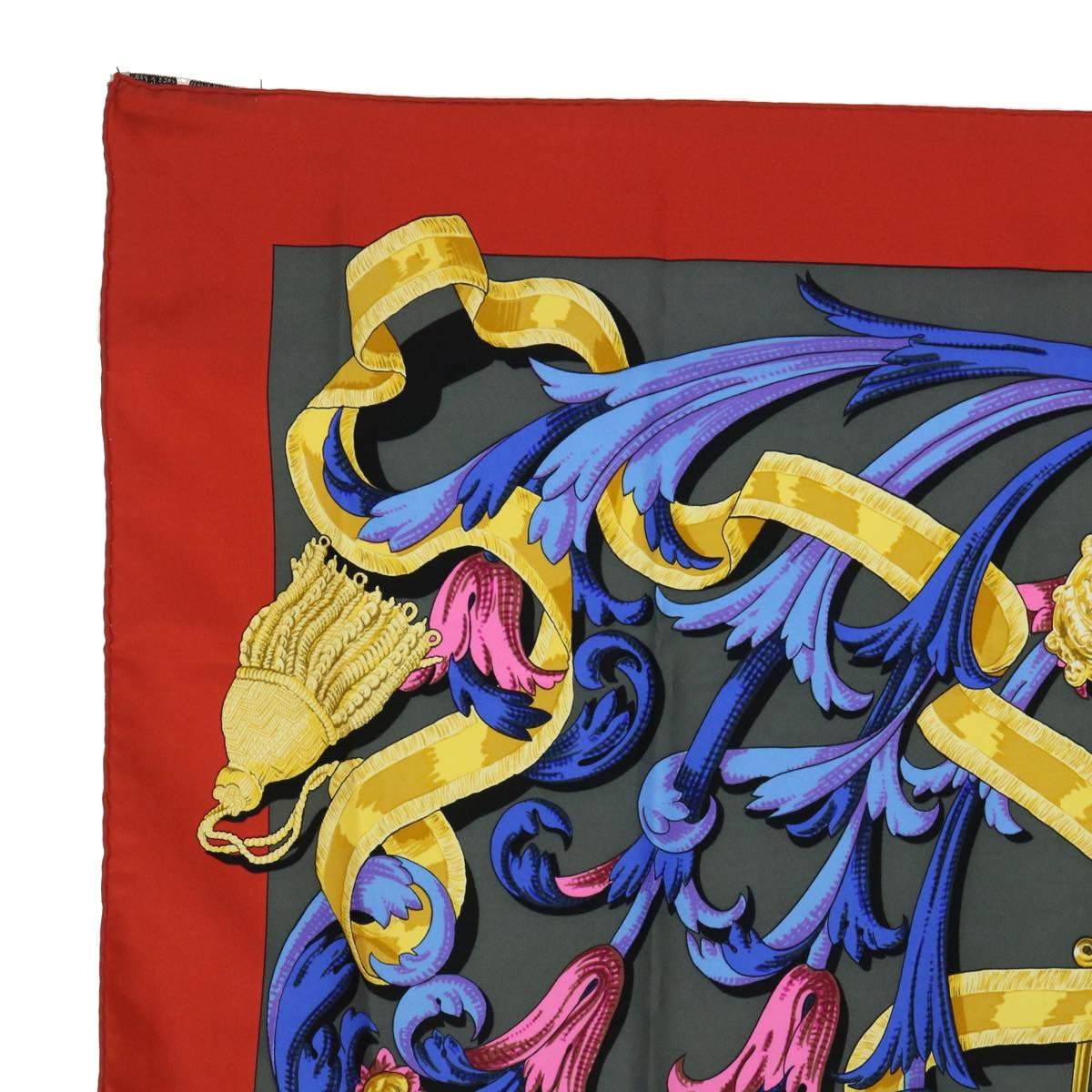 HERMES Carre 90 LE MORS CONETABLE Scarf Silk Red Gray Auth 53768 - 0
