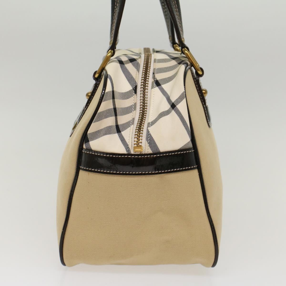 BURBERRY Nova Check Blue Label Tote Bag Canvas Patent Beige Black Auth 53785