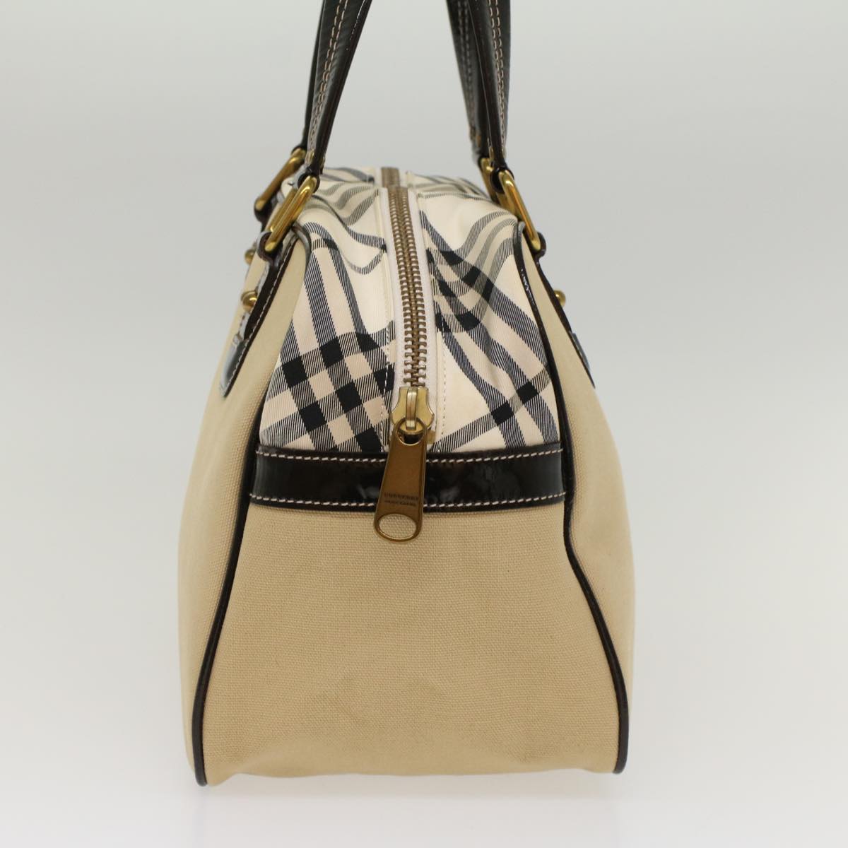 BURBERRY Nova Check Blue Label Tote Bag Canvas Patent Beige Black Auth 53785