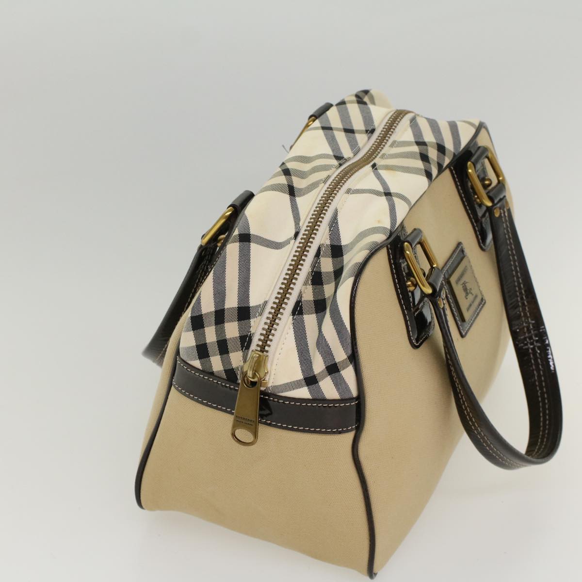 BURBERRY Nova Check Blue Label Tote Bag Canvas Patent Beige Black Auth 53785