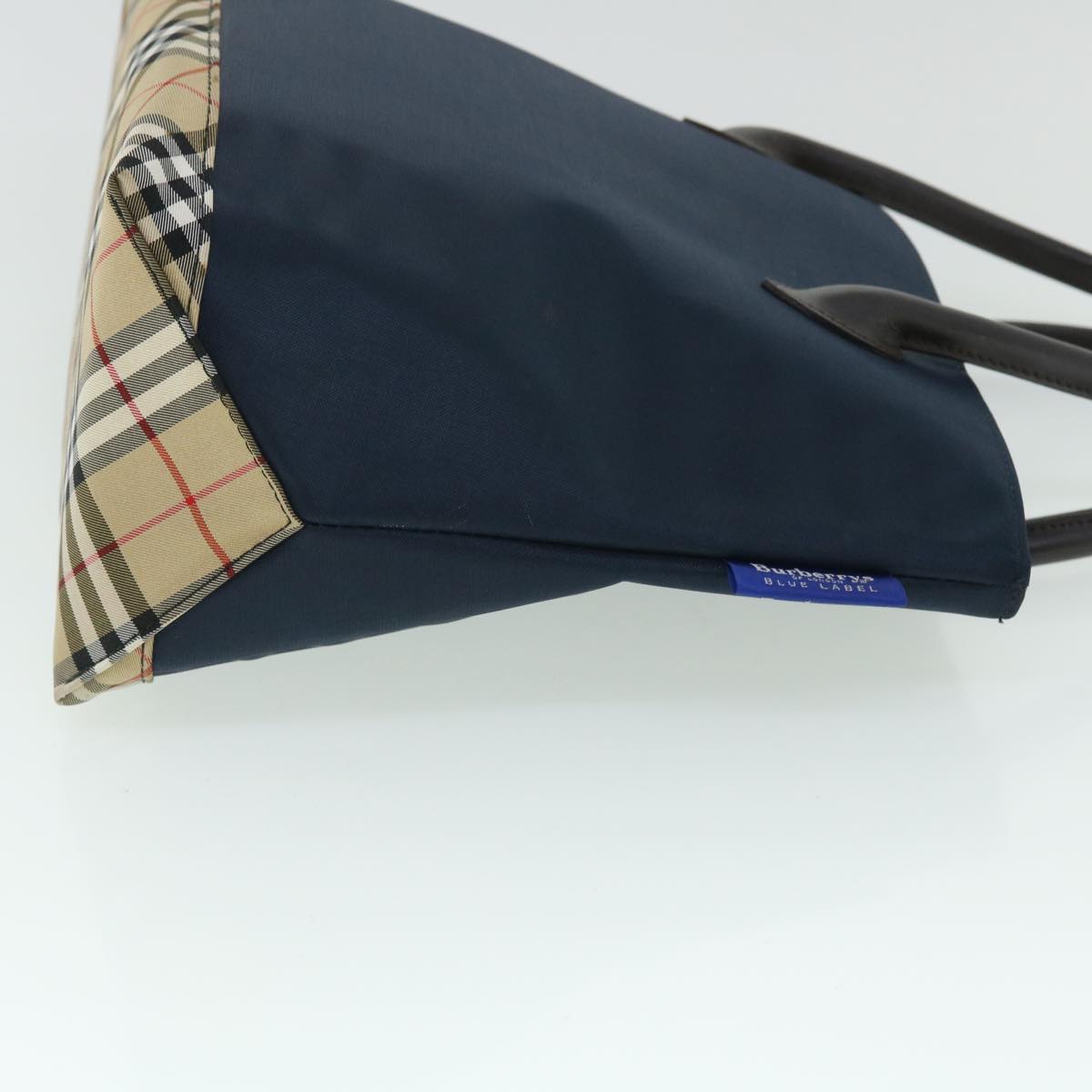 Burberrys Nova Check Blue Label Hand Bag Nylon Leather Navy Brown Auth 53787
