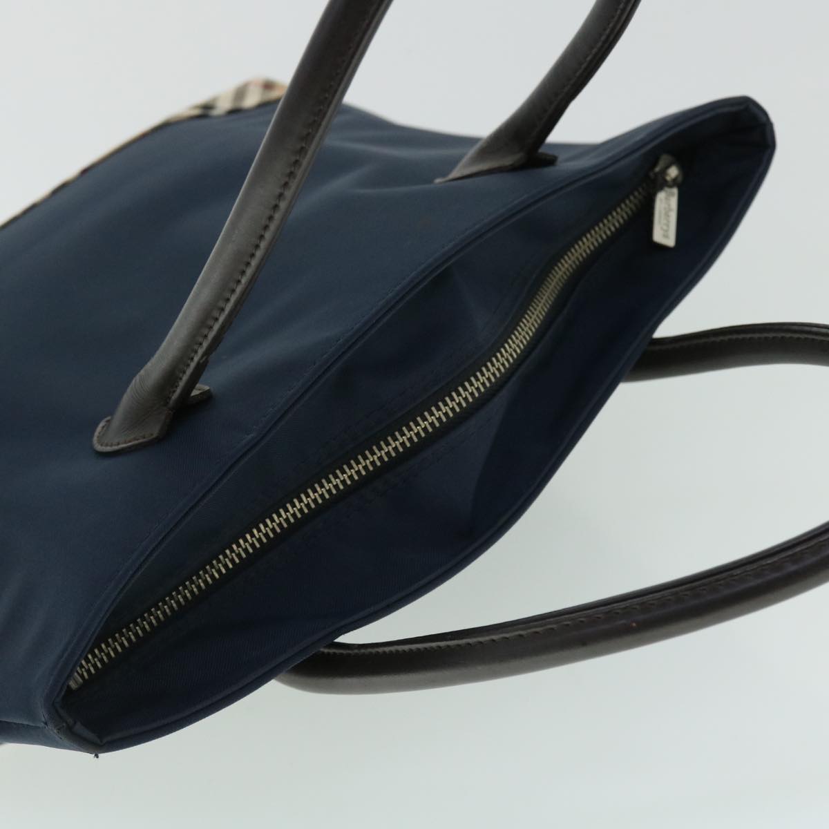 Burberrys Nova Check Blue Label Hand Bag Nylon Leather Navy Brown Auth 53787