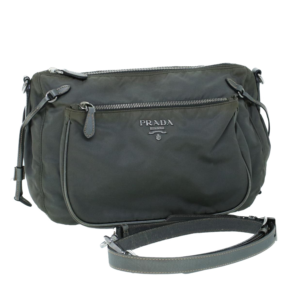 PRADA Shoulder Bag Nylon Leather Gray Auth 53845