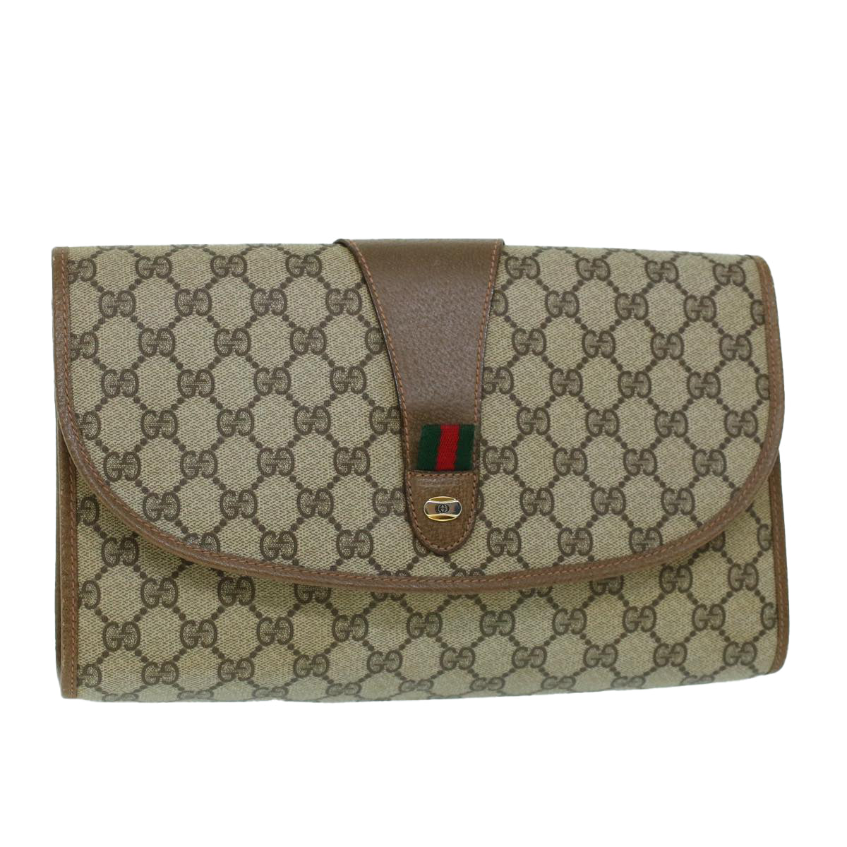 GUCCI GG Canvas Web Sherry Line Clutch Bag PVC Leather Beige Green Auth 54001