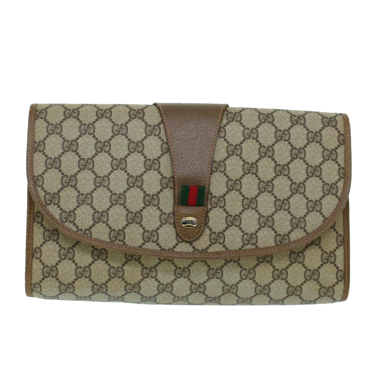 GUCCI GG Canvas Web Sherry Line Clutch Bag PVC Leather Beige Green Auth 54001 - 0