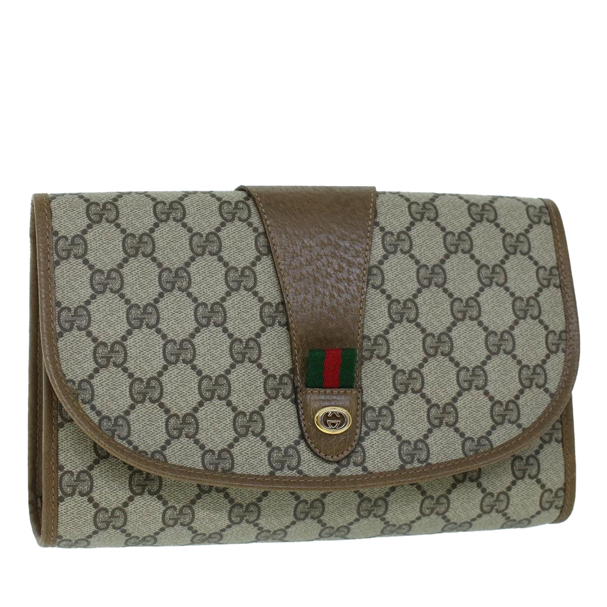 GUCCI GG Canvas Web Sherry Line Clutch Bag PVC Leather Beige Green Auth 54002