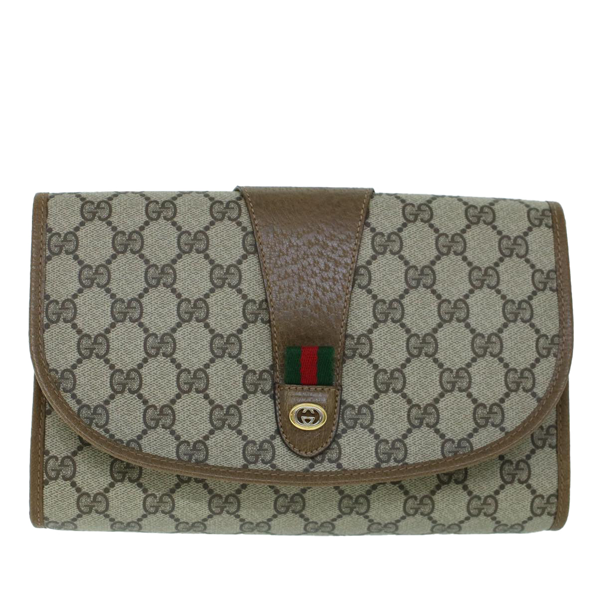 GUCCI GG Canvas Web Sherry Line Clutch Bag PVC Leather Beige Green Auth 54002