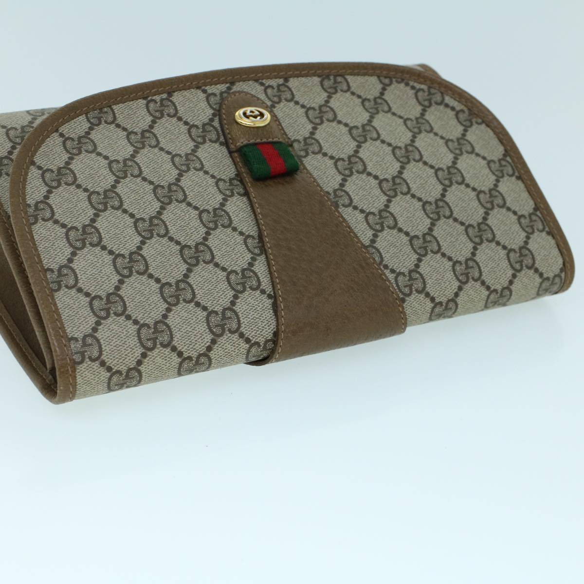 GUCCI GG Canvas Web Sherry Line Clutch Bag PVC Leather Beige Green Auth 54002