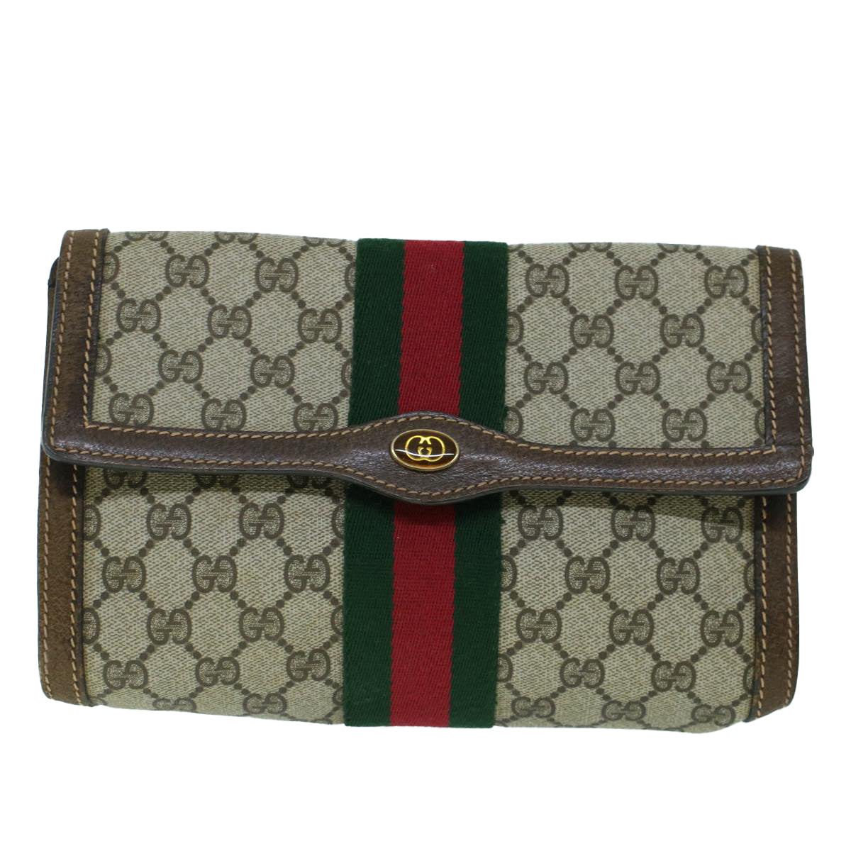 GUCCI GG Canvas Web Sherry Line Clutch Bag PVC Leather Beige Green Auth 54003 - 0