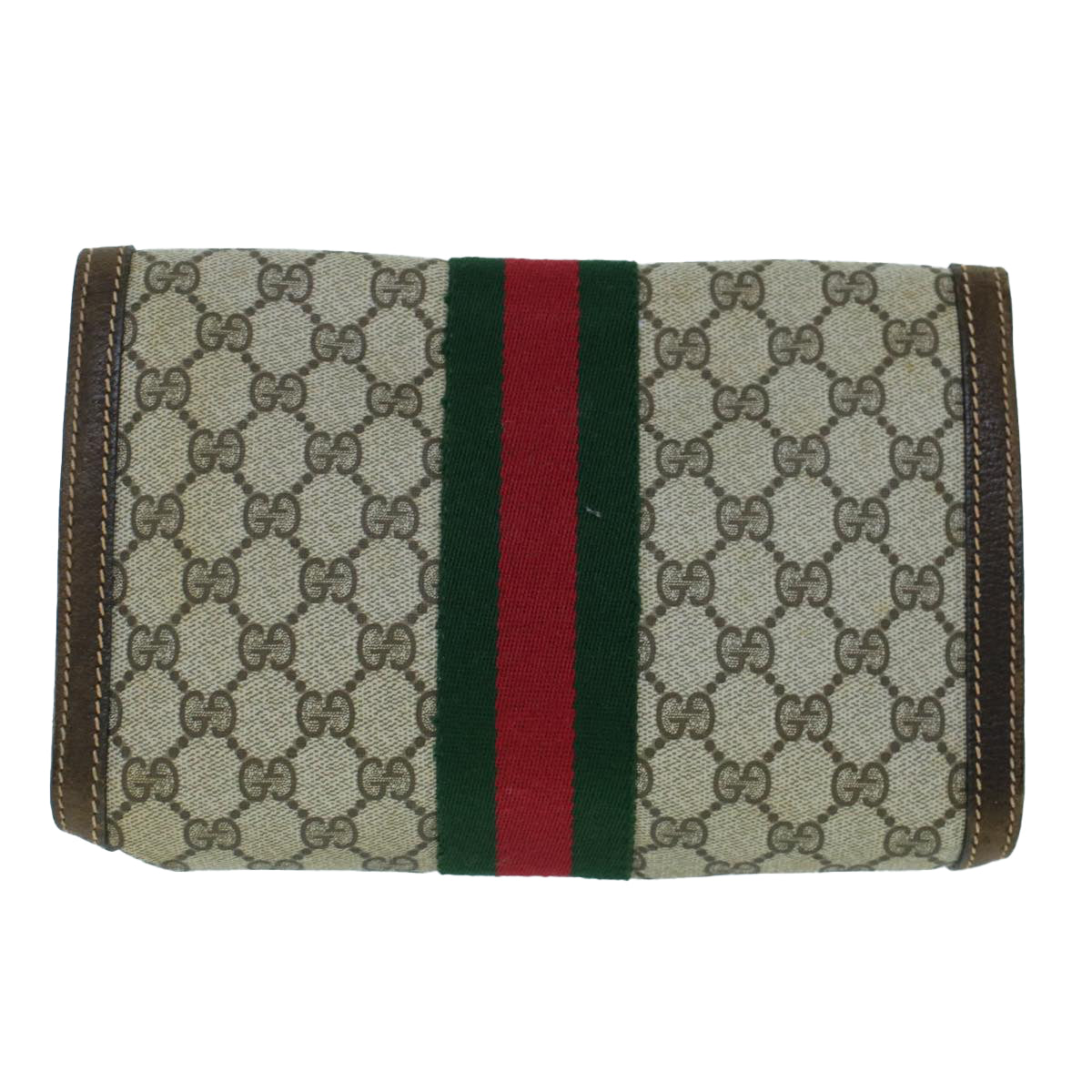 GUCCI GG Canvas Web Sherry Line Clutch Bag PVC Leather Beige Green Auth 54003