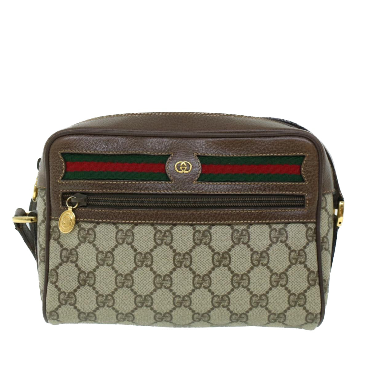 GUCCI GG Canvas Web Sherry Line Shoulder Bag PVC Leather Beige Green Auth 54004