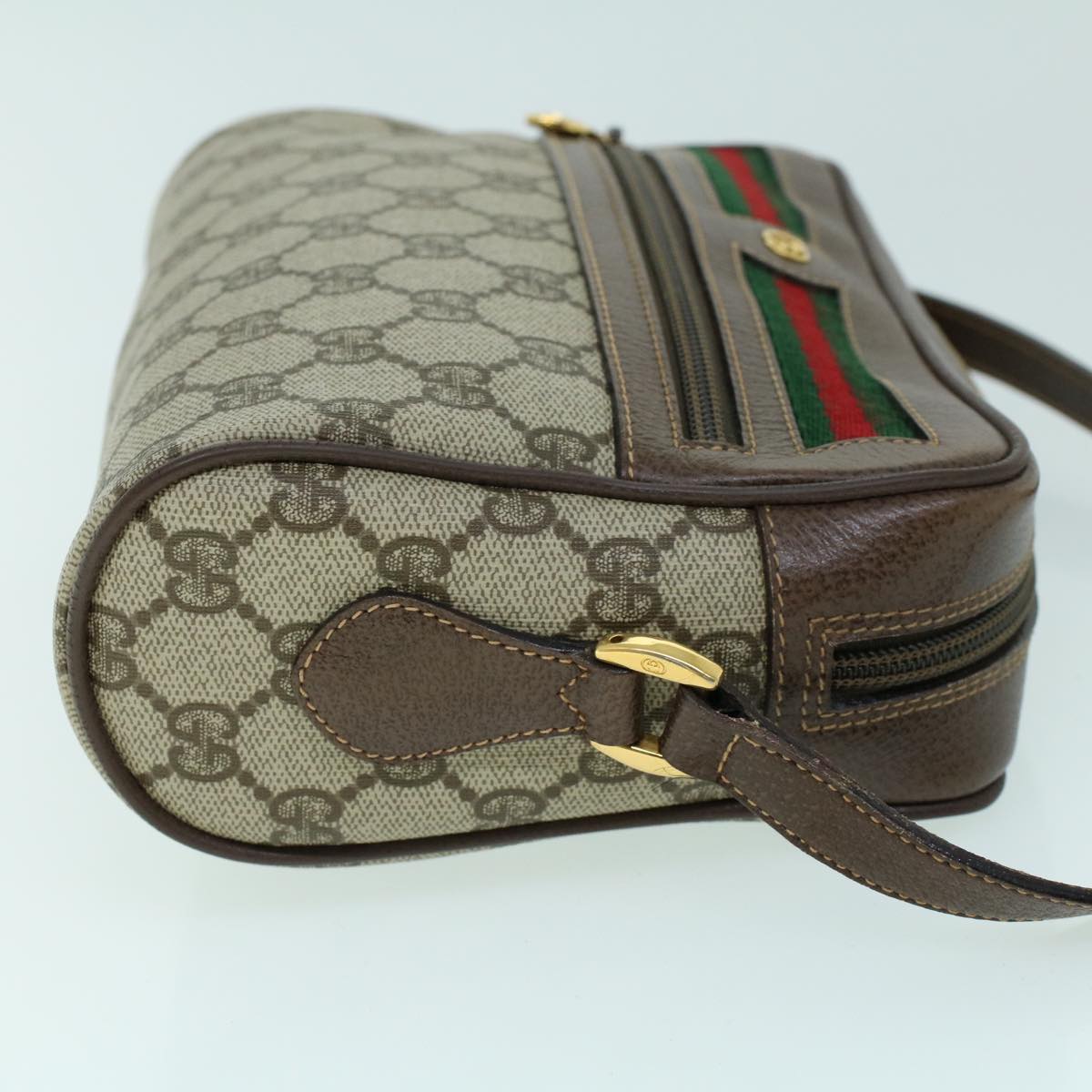 GUCCI GG Canvas Web Sherry Line Shoulder Bag PVC Leather Beige Green Auth 54004