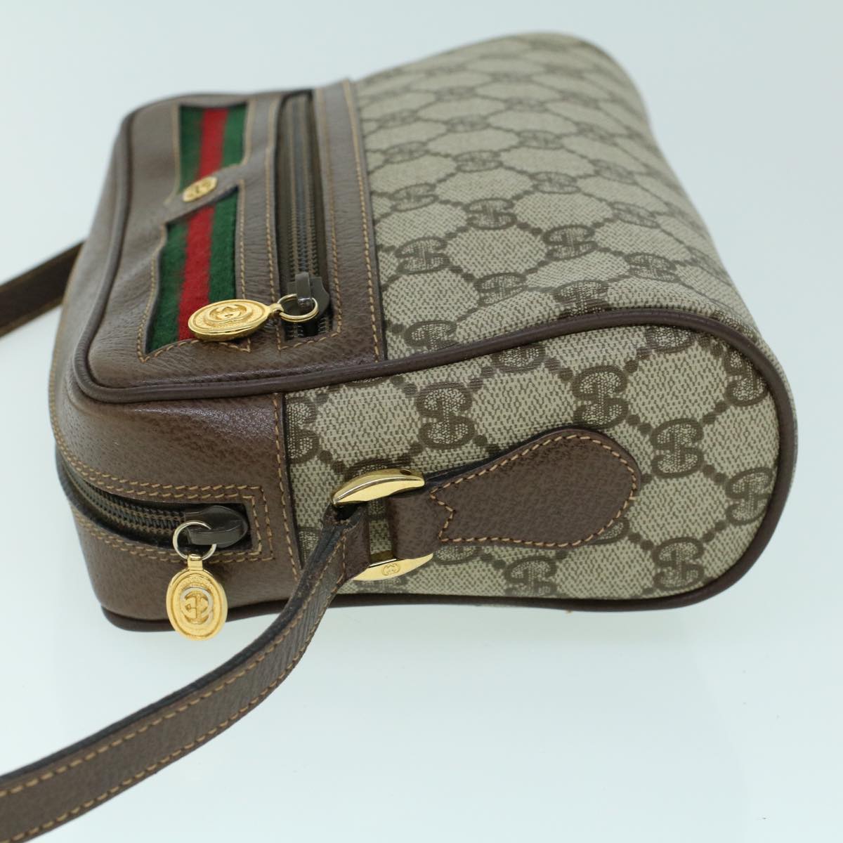 GUCCI GG Canvas Web Sherry Line Shoulder Bag PVC Leather Beige Green Auth 54004