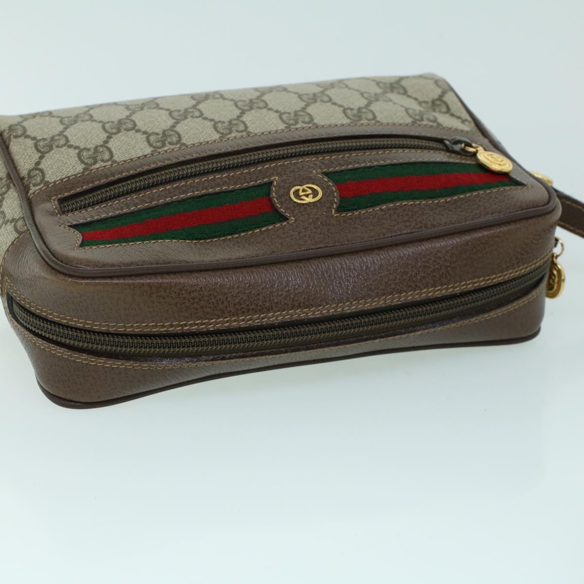 GUCCI GG Canvas Web Sherry Line Shoulder Bag PVC Leather Beige Green Auth 54004