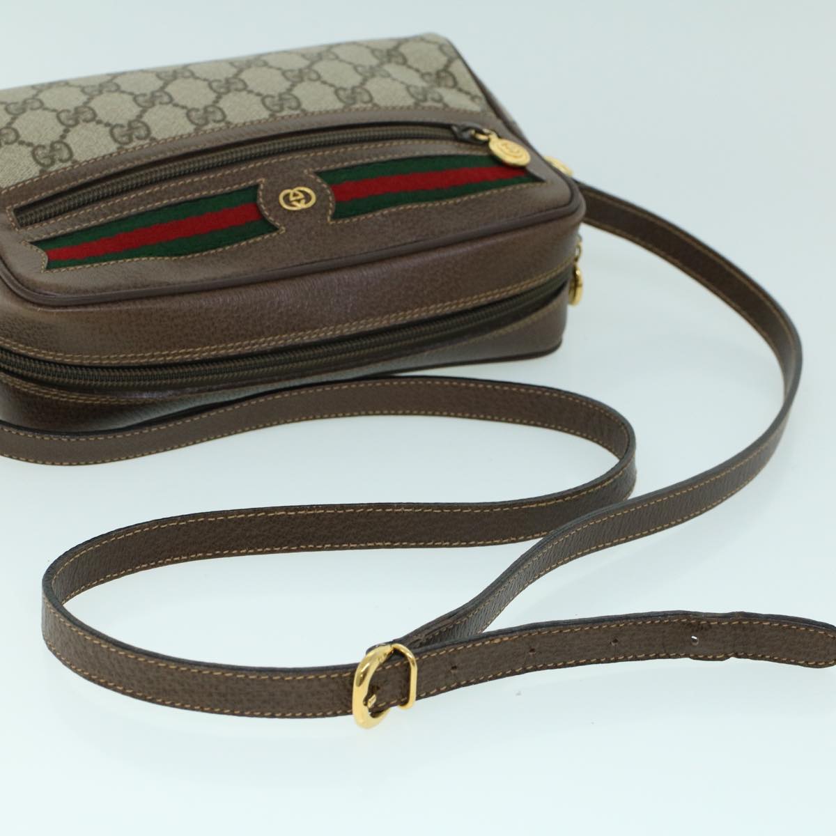 GUCCI GG Canvas Web Sherry Line Shoulder Bag PVC Leather Beige Green Auth 54004