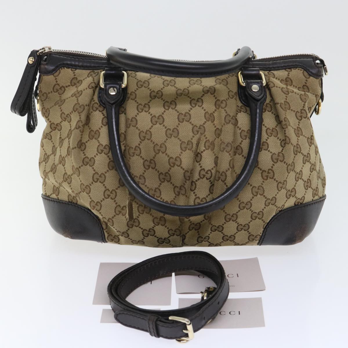 GUCCI GG Canvas Hand Bag Leather 2way Beige 247902 Auth 54014