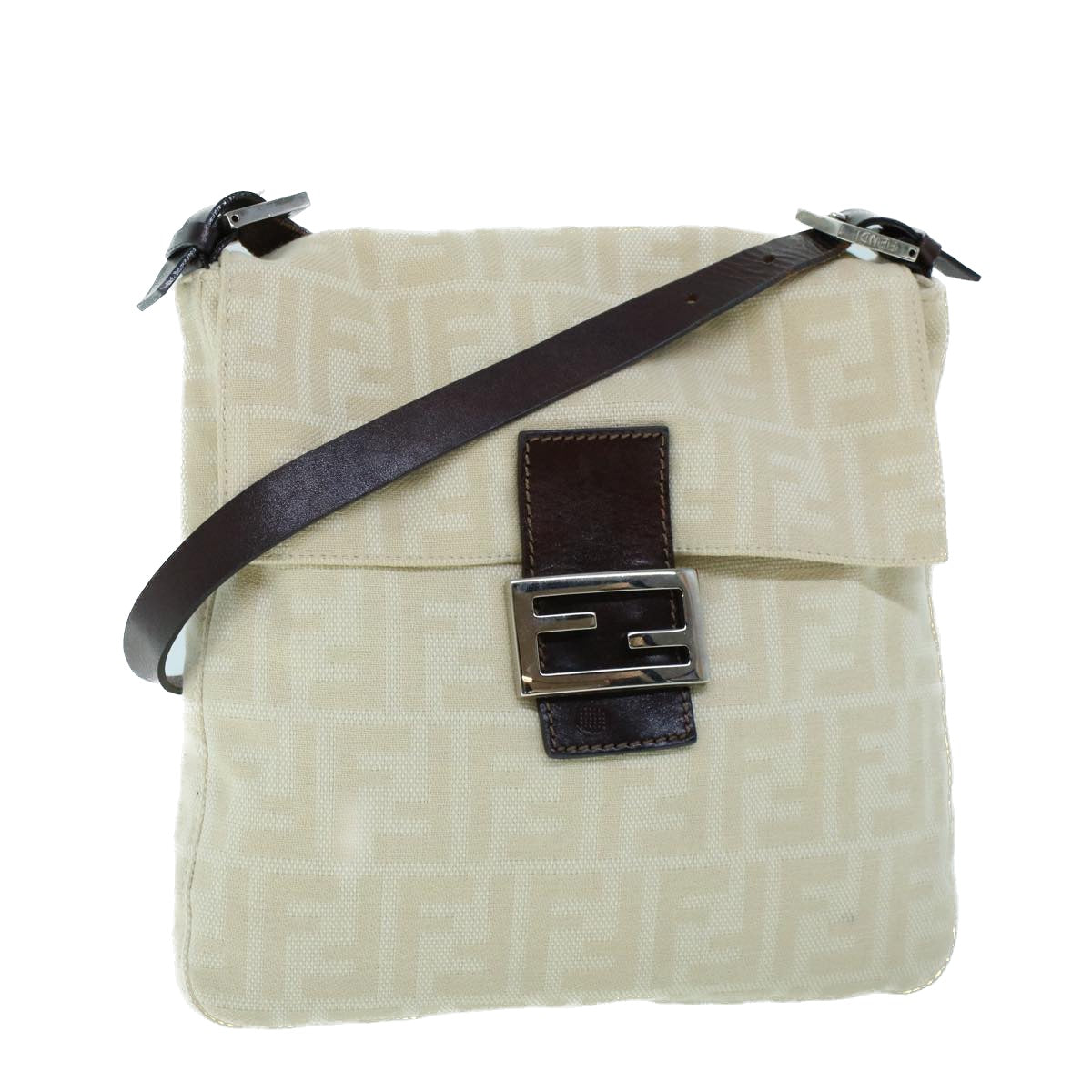 FENDI Mamma Baguette Shoulder Bag Canvas Leather Beige Brown Auth 54030