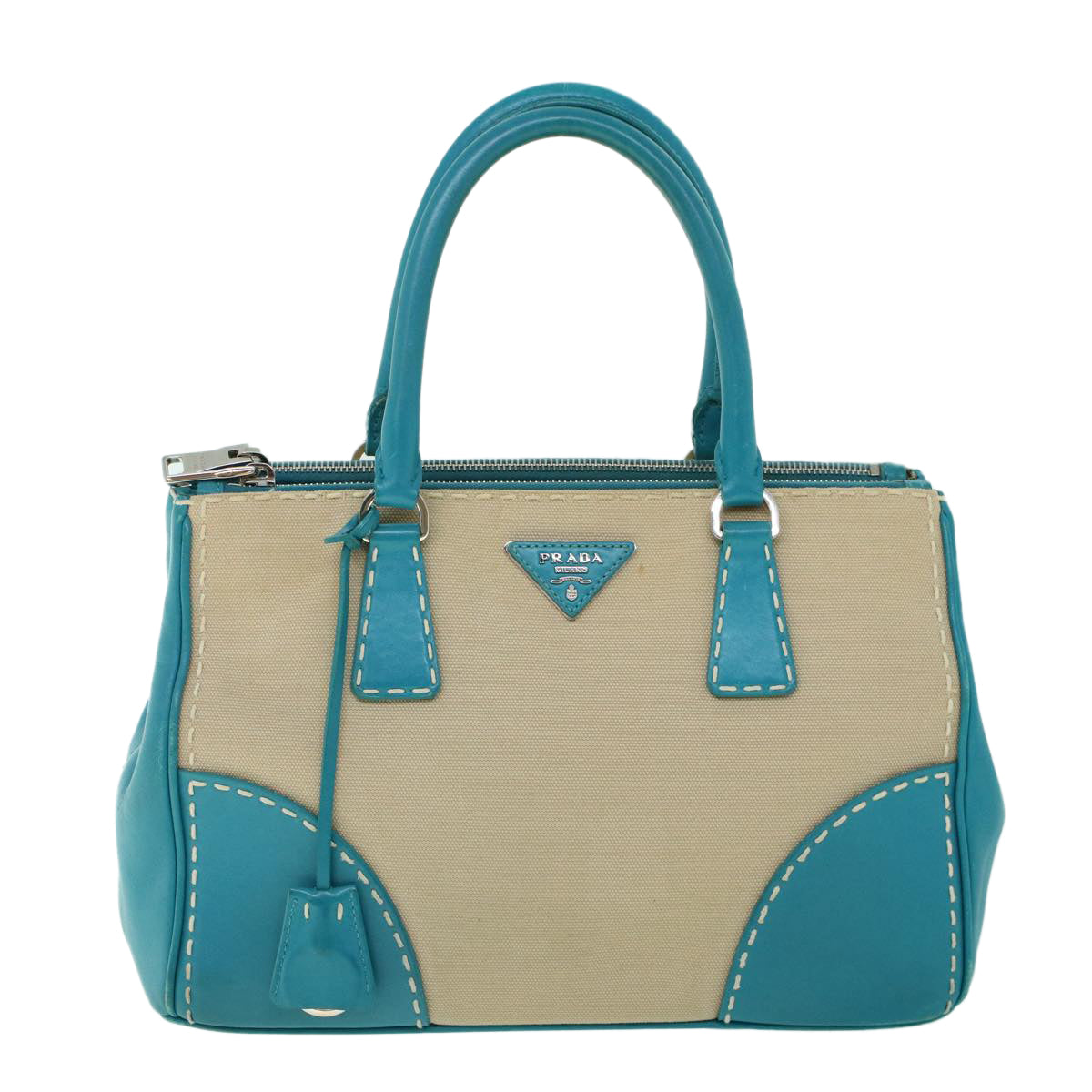 PRADA Hand Bag Canvas Leather Light Blue Beige Auth 54032