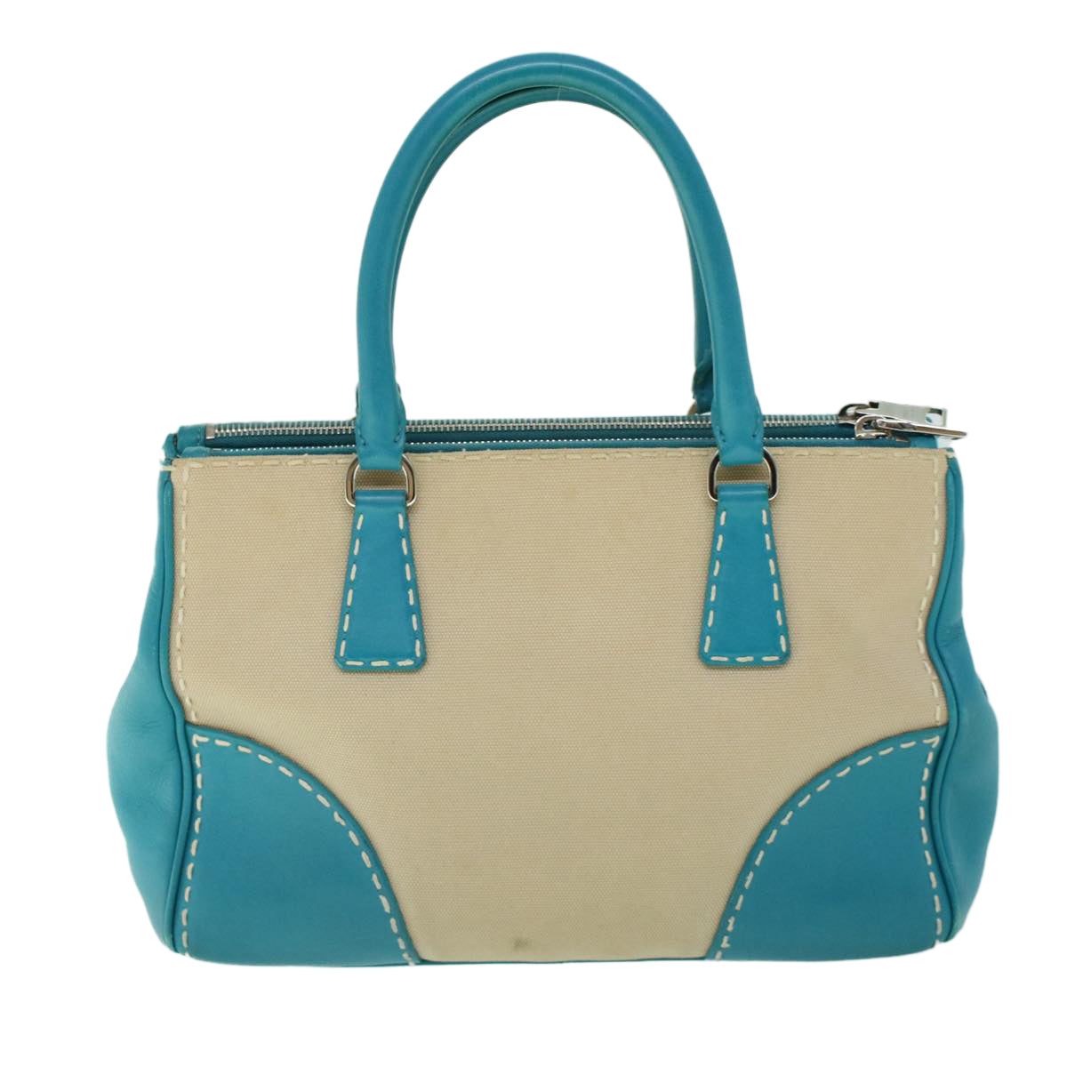 PRADA Hand Bag Canvas Leather Light Blue Beige Auth 54032 - 0
